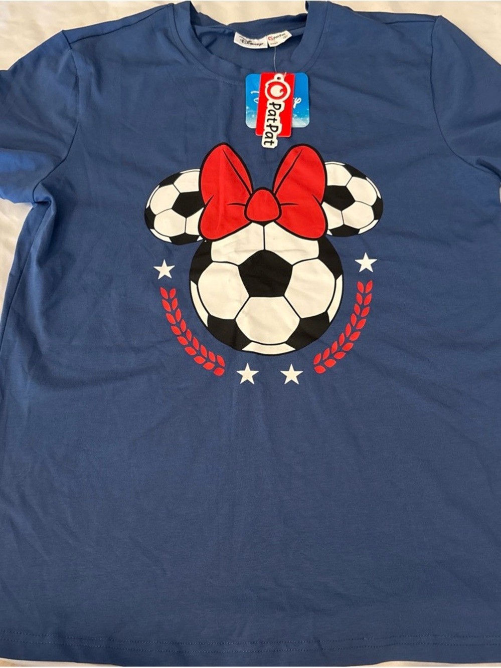 Disney Blue Tee with Soccer Minnie Graphic and Red Bow